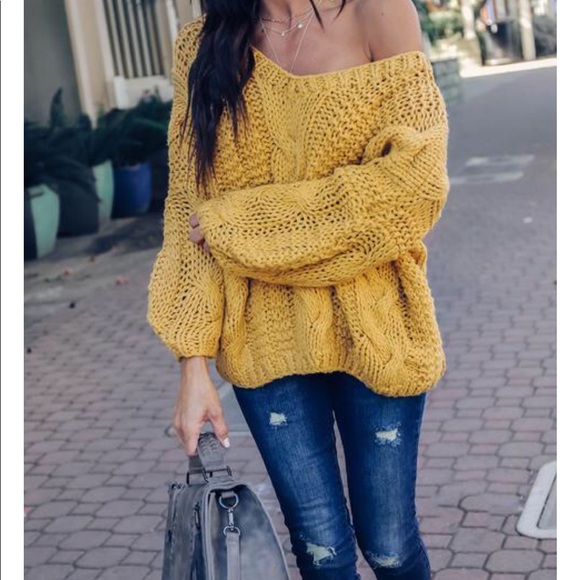 Nwt Handmade Mustard Cable Knit Vneck 